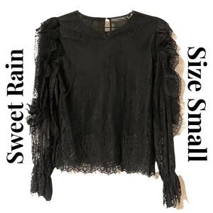 Sweet Rain Women’s Black Floral Lace Ruffle Long Sleeve Top Blouse Shirt Small